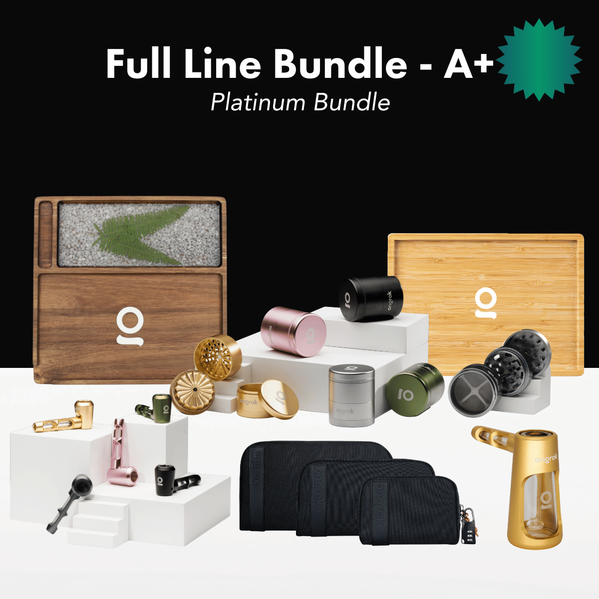 ONGROK Full Line Bundle marked A+ Platinum, with trays, grinders, storage jars, wallets and a water pipe