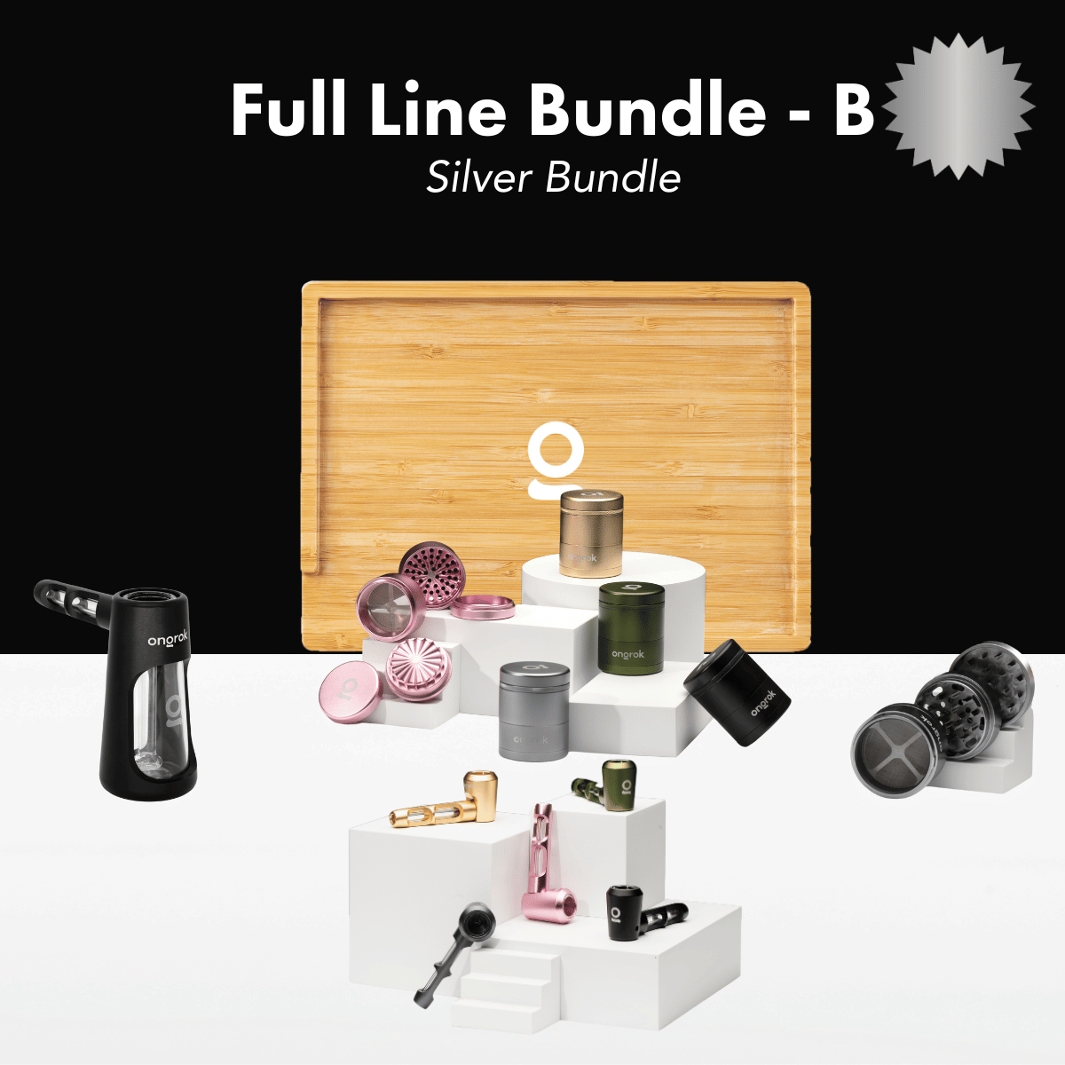 ONGROK Full Line Bundle marked B Silver, a bamboo tray with grinders, storage jars and hand pipes