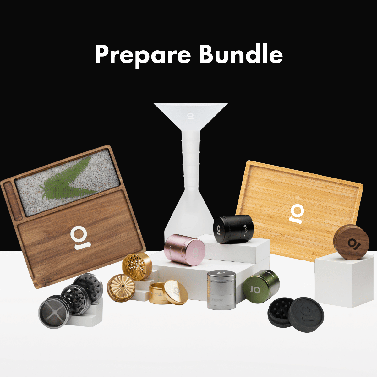 ONGROK Prepare Bundle with wood trays, grinders, a funnel and storage tins on white risers
