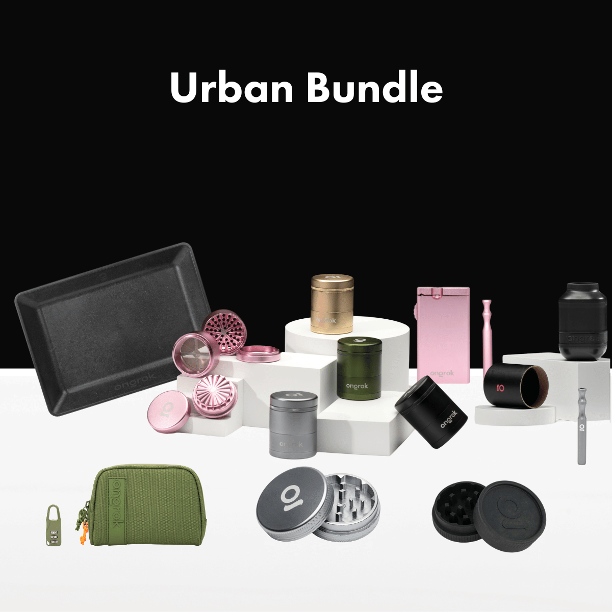 ONGROK Urban Bundle with a black tray, grinders, storage jars, a green pouch and a pink case