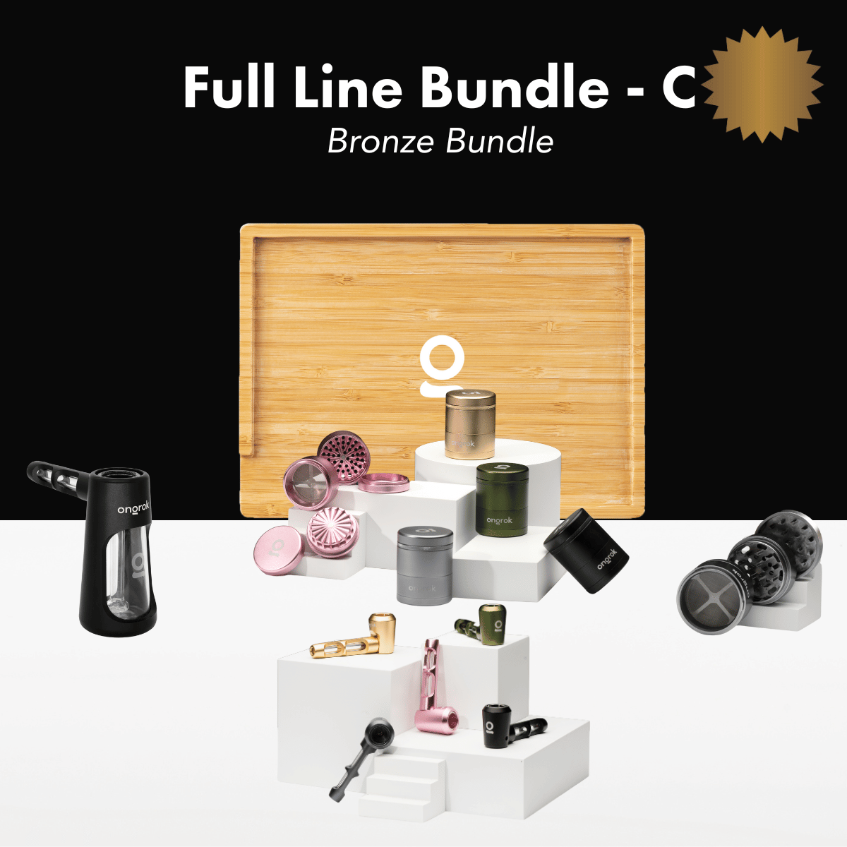ONGROK Full Line Bundle marked C Bronze, a bamboo tray with grinders, storage jars and hand pipes