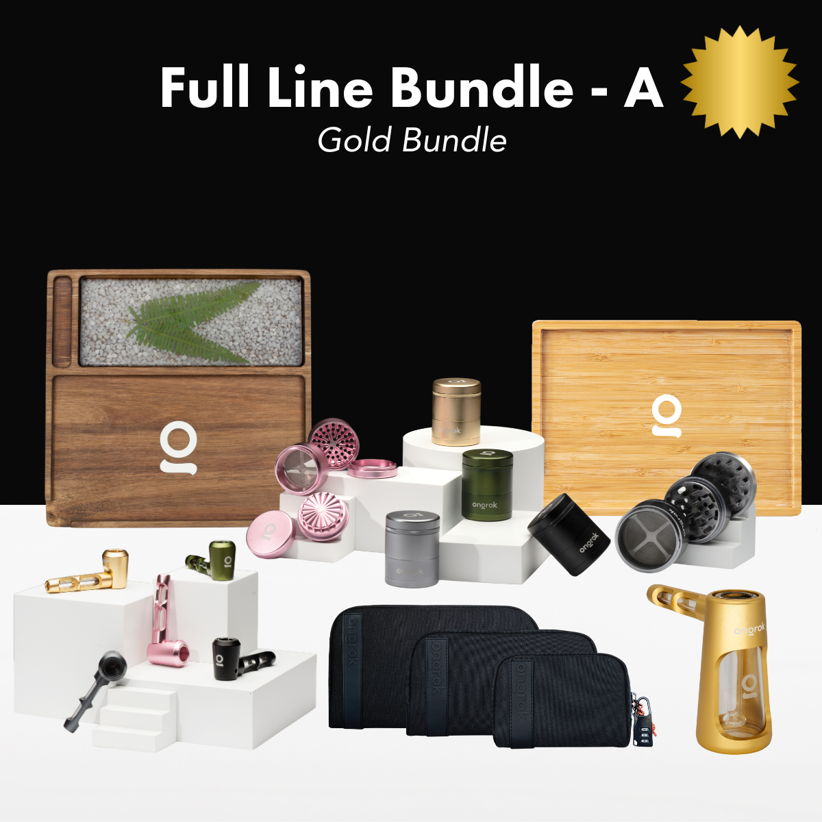 ONGROK Full Line Bundle marked A Gold, with trays, grinders, storage jars, wallets and a gold water pipe