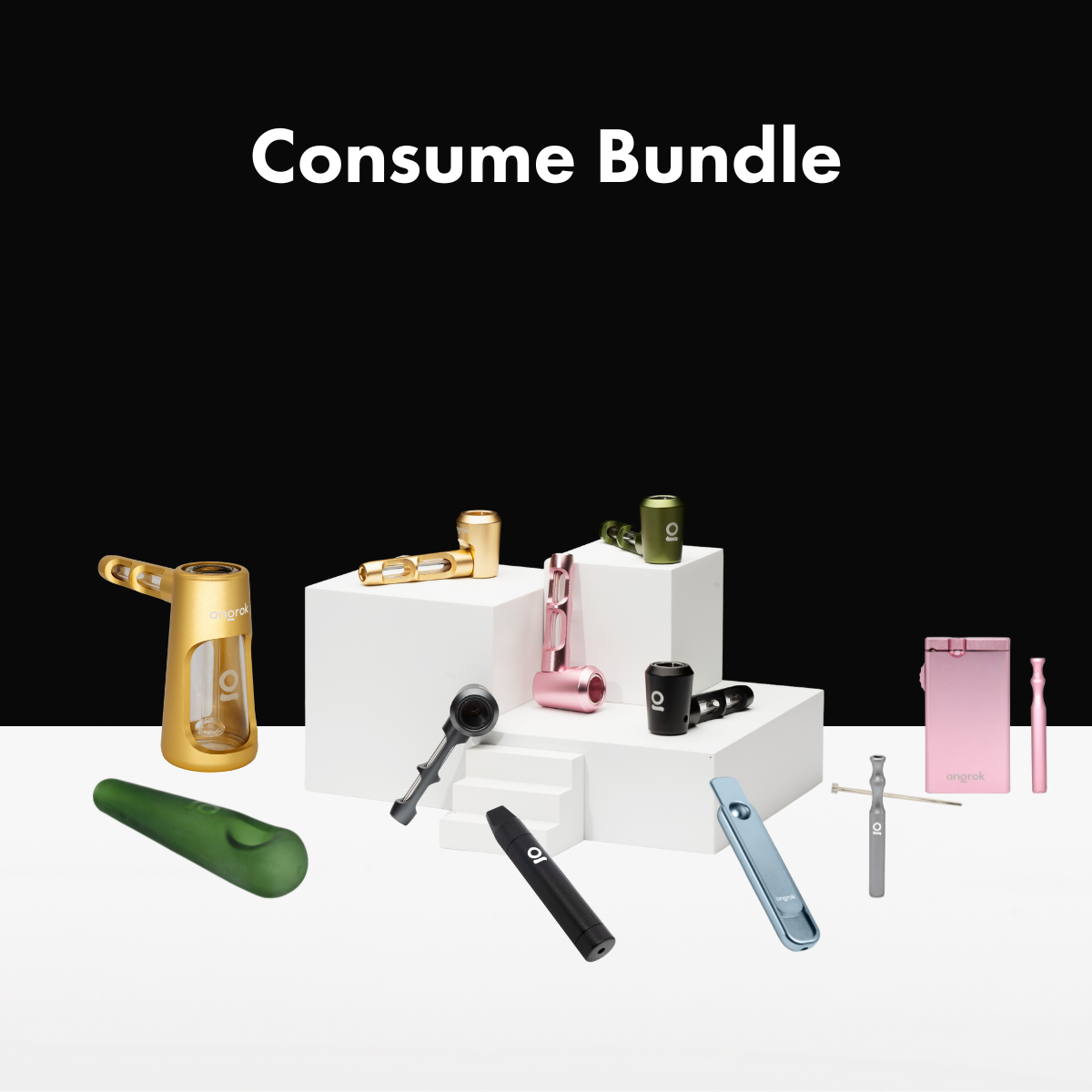 ONGROK Consume Bundle with a gold water pipe, spoon pipes, one hitters and a pink case