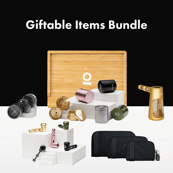 ONGROK Giftable Items Bundle with a bamboo tray, grinders, storage jars, wallets and a gold water pipe