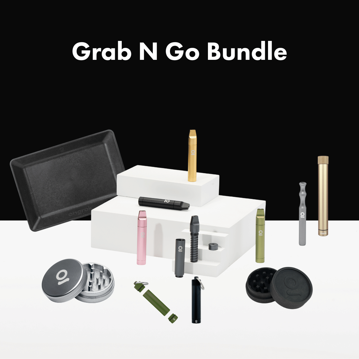 ONGROK Grab N Go Bundle with a black tray, storage tubes, one hitters and two grinders