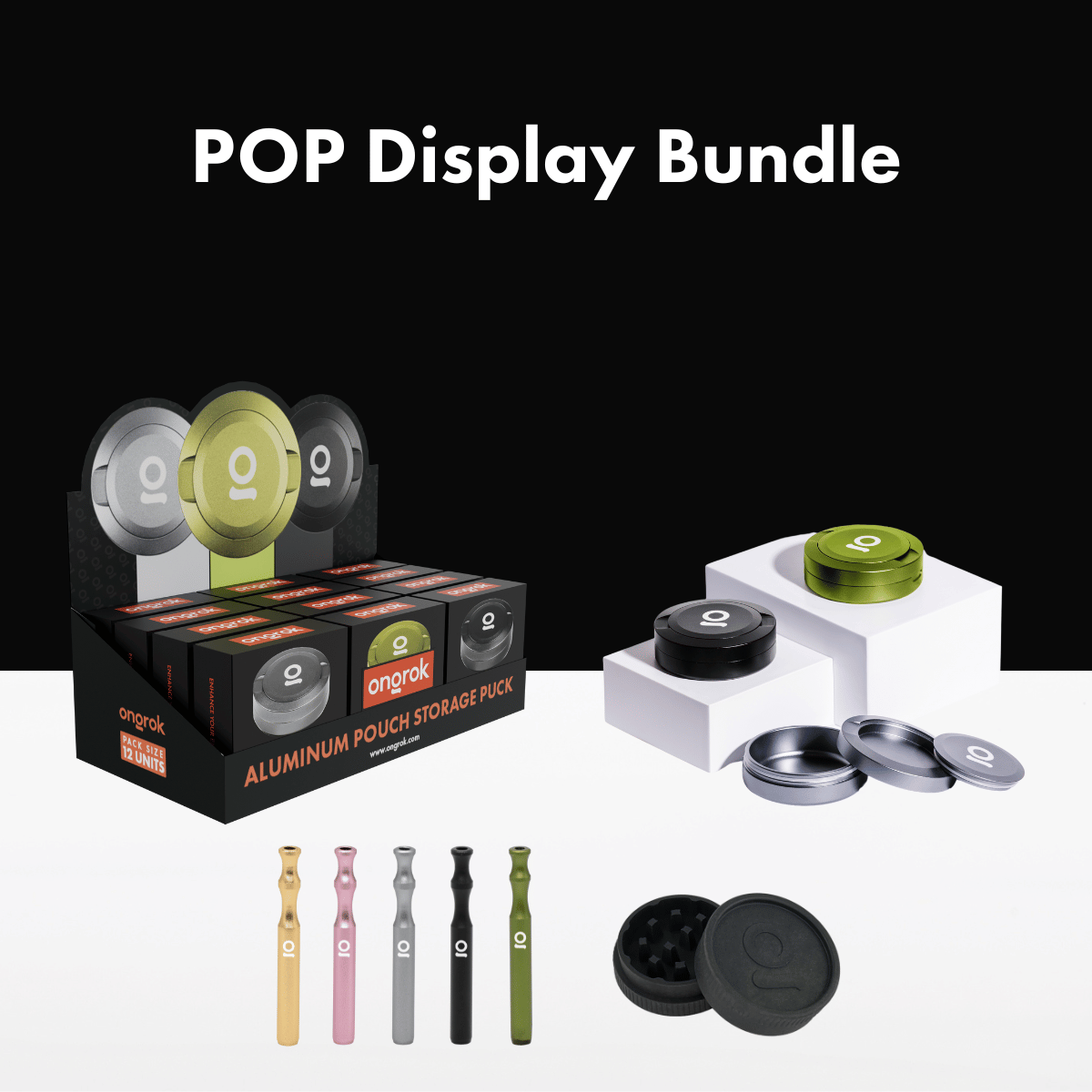 ONGROK POP Display Bundle with the Aluminum Pouch Storage Puck counter display, pucks and one hitters