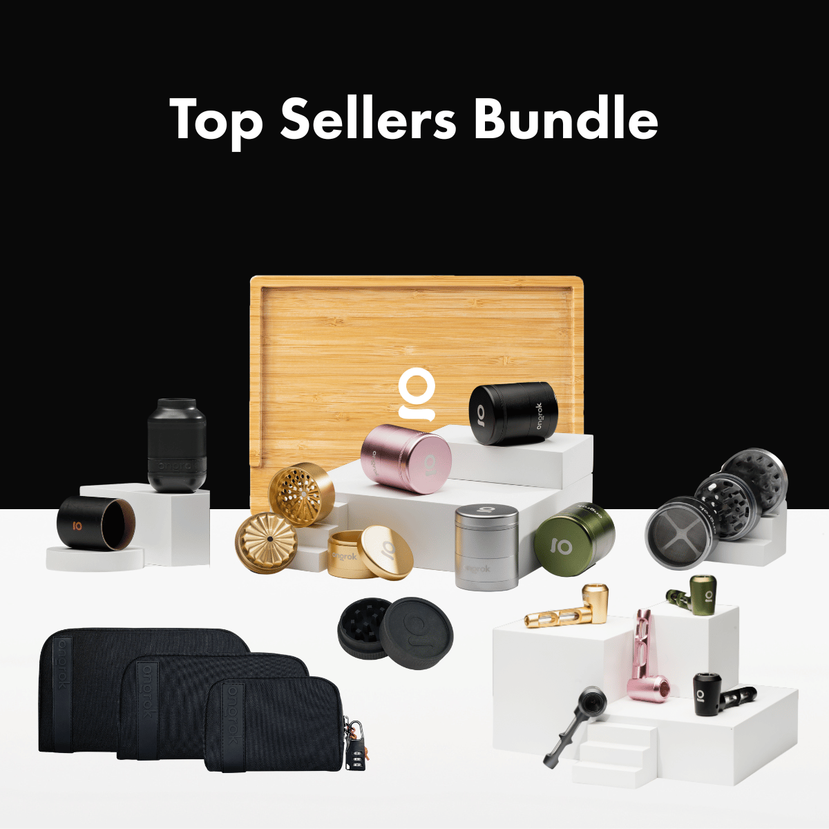 ONGROK Top Sellers Bundle with a bamboo tray, grinders, storage jars, wallets and hand pipes