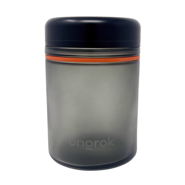 ONGROK Child Resistant Glass Storage Jar 1000ml in frosted glass with a black lid and orange band