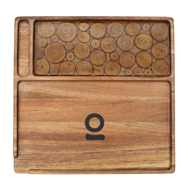ONGROK Acacia Wood Tray in the Log design with a log-slice inlay panel and side groove