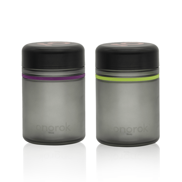 ONGROK Child Resistant Glass Storage Jar 2-pack in 500ml, frosted glass with purple and green bands
