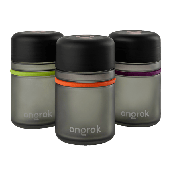 ONGROK Child Resistant Glass Storage Jar 3-pack in frosted gray with green, orange and purple bands