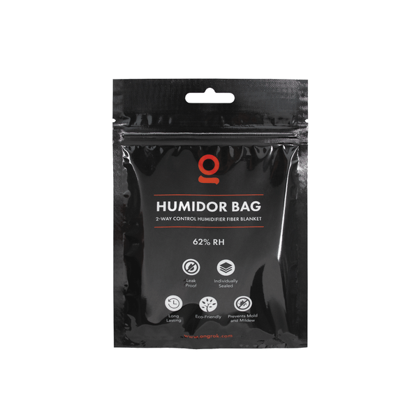 ONGROK Humidor Bag in black retail packaging, a 2-way control humidifier fiber blanket rated 62% RH