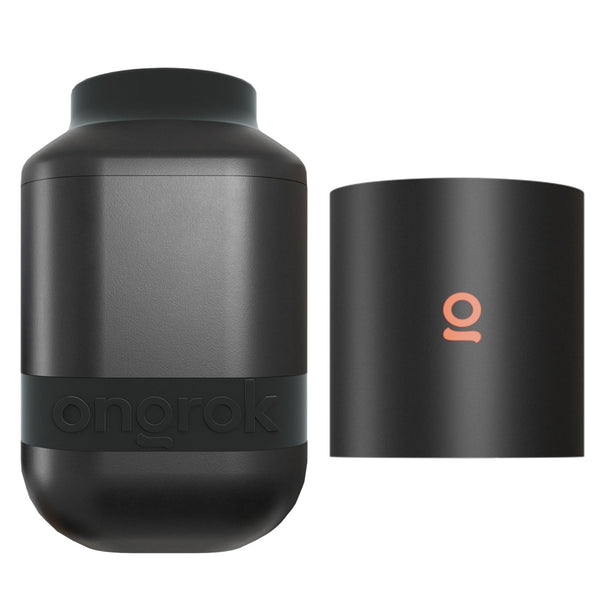 ONGROK Personal Air Filter in black beside one replaceable cartridge