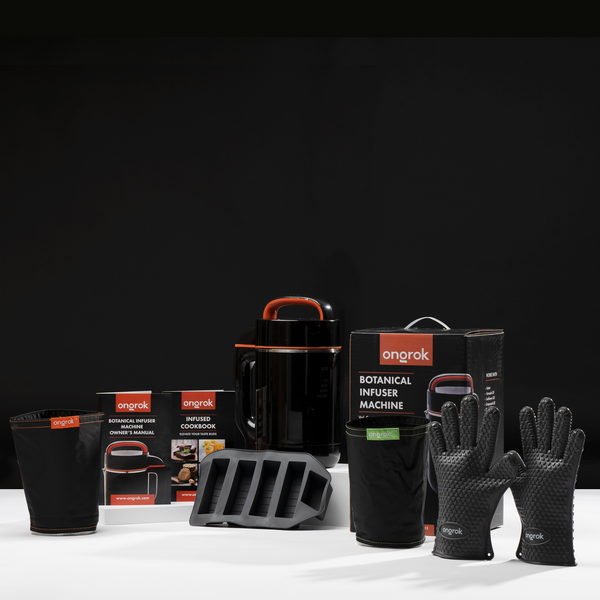 ONGROK Botanical Infuser Machine and Kit Large with the machine, retail box, cookbook, glove, filter bag and mold