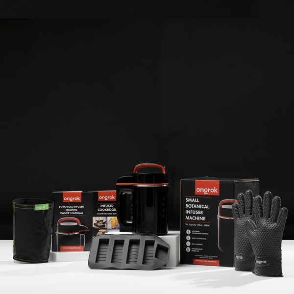 ONGROK Small Botanical Infuser Machine and Kit with the machine, retail box, cookbook, glove, filter bag and mold